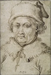 Büste eines alten Mannes mit Pelzkragen und Hut